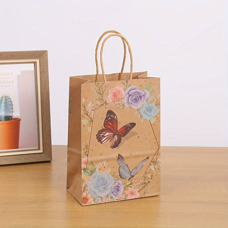 8/16pcs, Kraft Paper Party Packaging Bag, Butterfly Printing Handbag, Shopping Bag, Kraft Paper Bag, Birthday Gift, Party Gift, Candy And Biscuit Packaging, Hand-held Paper Bag, Small Snack Packaging Bag, Small Business Supplies