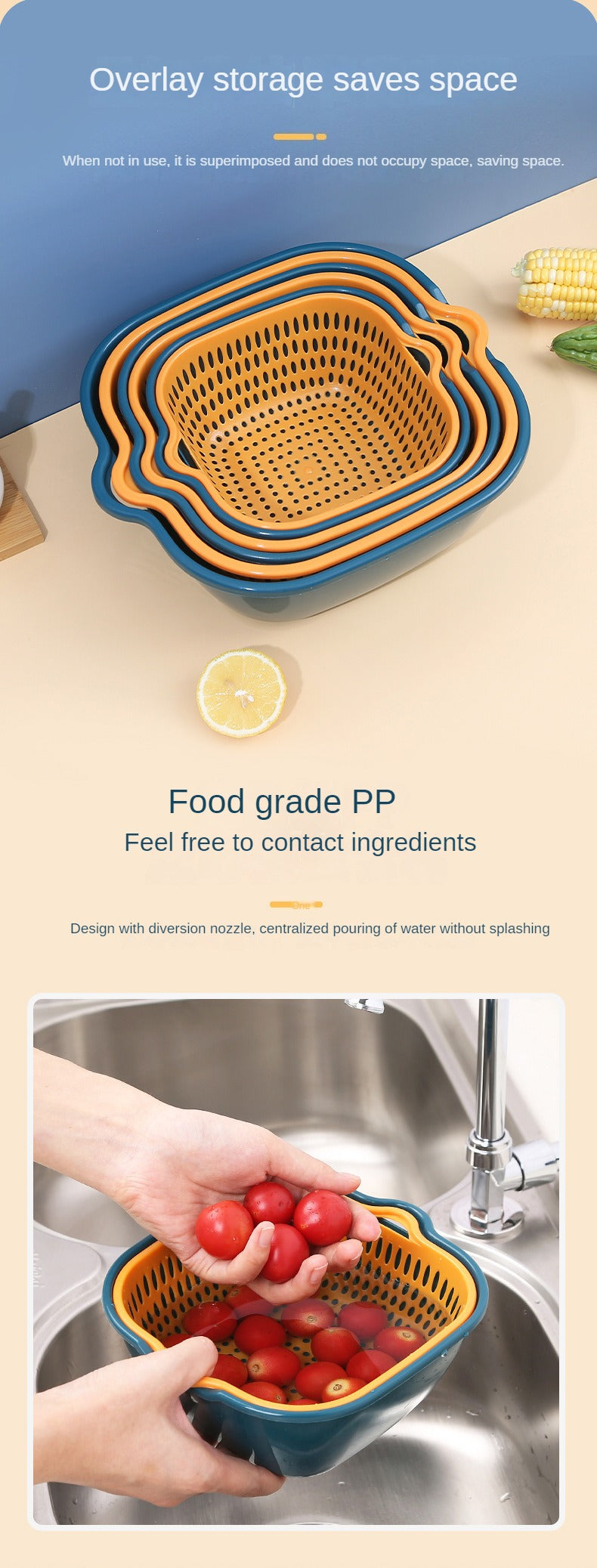 Home Kitchen Multifunctional Plastic Square Vegetable Wash Basket Double Drainer Basket Six-piece set