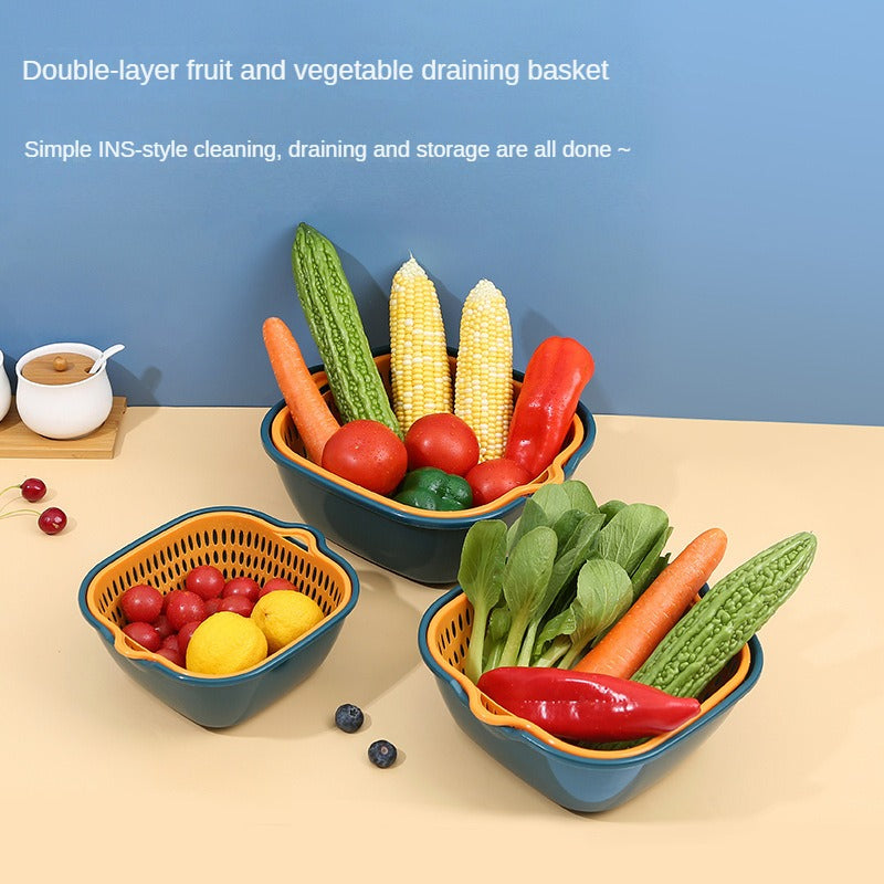 Home Kitchen Multifunctional Plastic Square Vegetable Wash Basket Double Drainer Basket Six-piece set