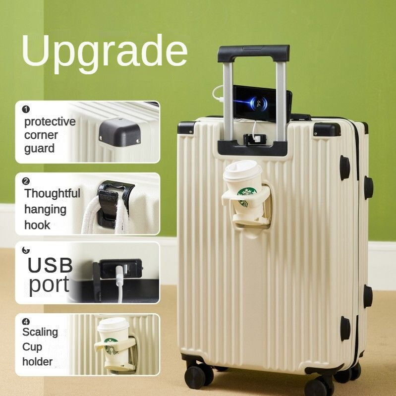 20/24/26-inch travel boarding case, functional trolley suitcase, with password lock, with USB charging port, with a separate water bottle holder, with a hanging hook.