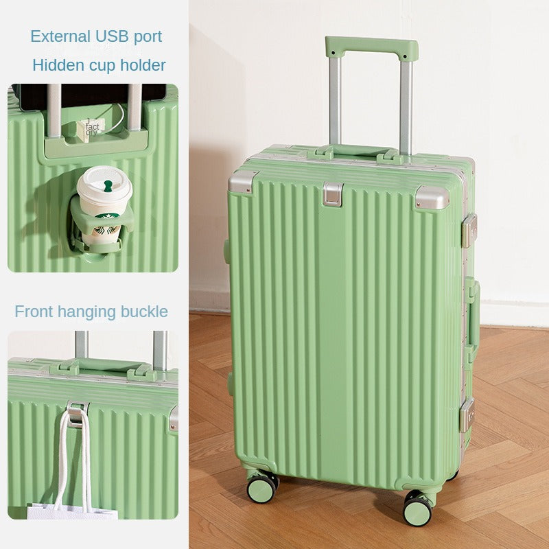 20/24/26-inch travel boarding case, functional trolley suitcase, with password lock, with USB charging port, with a separate water bottle holder, with a hanging hook.