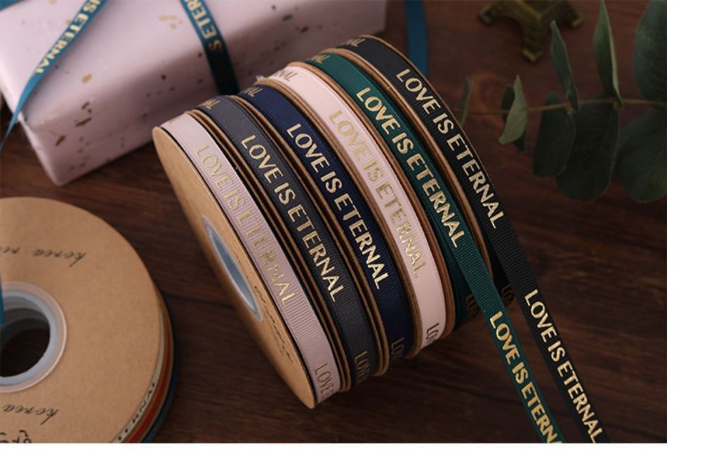 SB-Ribbon,Fresh Flower Packaging Ribbon,Floral Art Foil-Stamped Twill Ribbon,Love Is Eternal Letter Floral Bouquet Ribbon