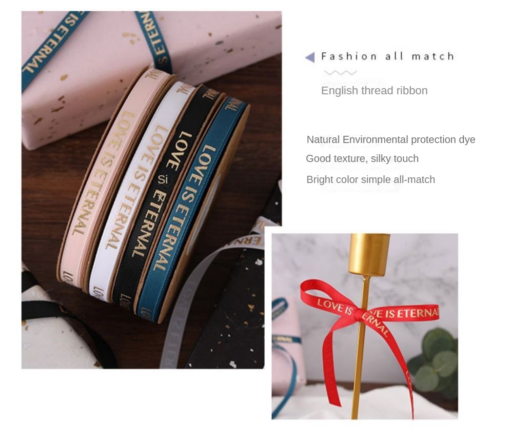 SB-Ribbon,Fresh Flower Packaging Ribbon,Floral Art Foil-Stamped Twill Ribbon,Love Is Eternal Letter Floral Bouquet Ribbon