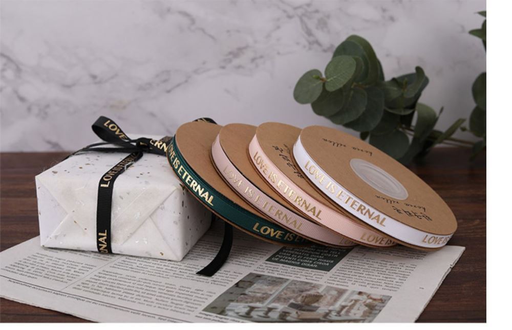SB-Ribbon,Fresh Flower Packaging Ribbon,Floral Art Foil-Stamped Twill Ribbon,Love Is Eternal Letter Floral Bouquet Ribbon