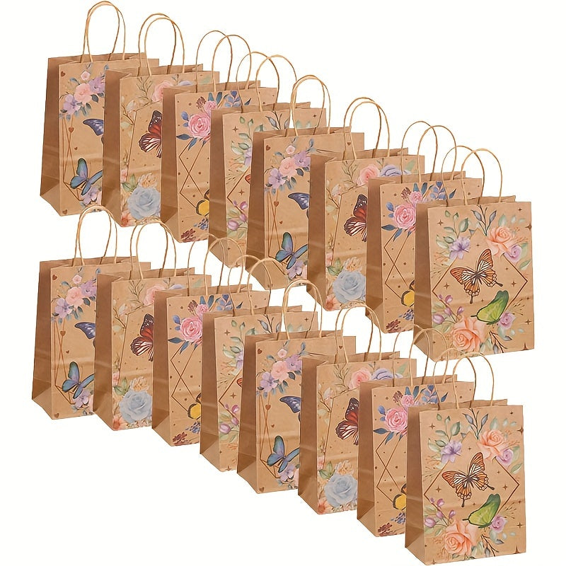 8/16pcs, Kraft Paper Party Packaging Bag, Butterfly Printing Handbag, Shopping Bag, Kraft Paper Bag, Birthday Gift, Party Gift, Candy And Biscuit Packaging, Hand-held Paper Bag, Small Snack Packaging Bag, Small Business Supplies