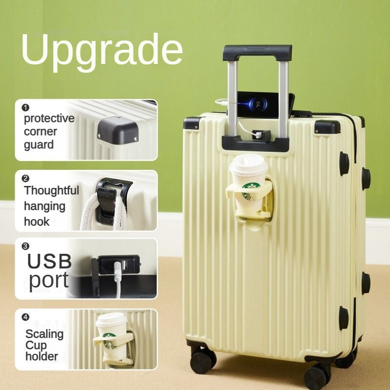 20/24/26-inch travel boarding case, functional trolley suitcase, with password lock, with USB charging port, with a separate water bottle holder, with a hanging hook.
