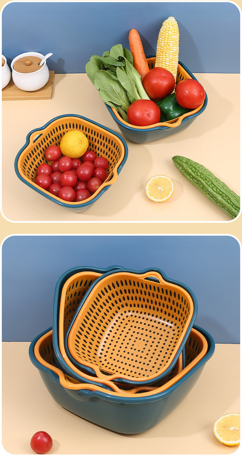Home Kitchen Multifunctional Plastic Square Vegetable Wash Basket Double Drainer Basket Six-piece set