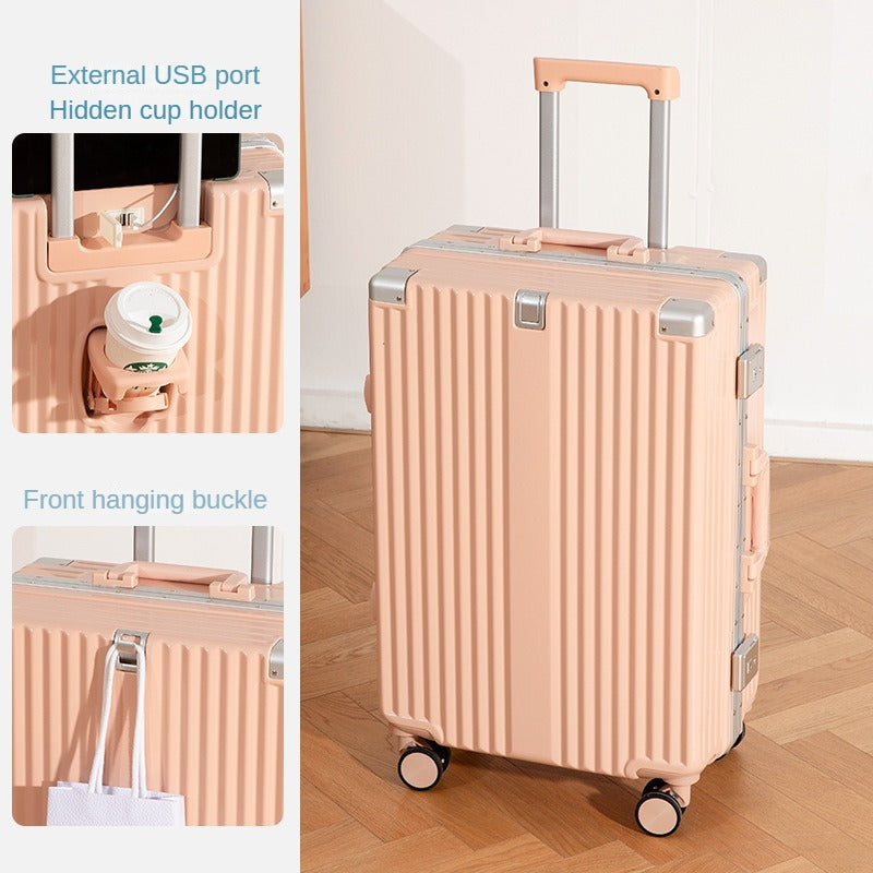 20/24/26-inch travel boarding case, functional trolley suitcase, with password lock, with USB charging port, with a separate water bottle holder, with a hanging hook.