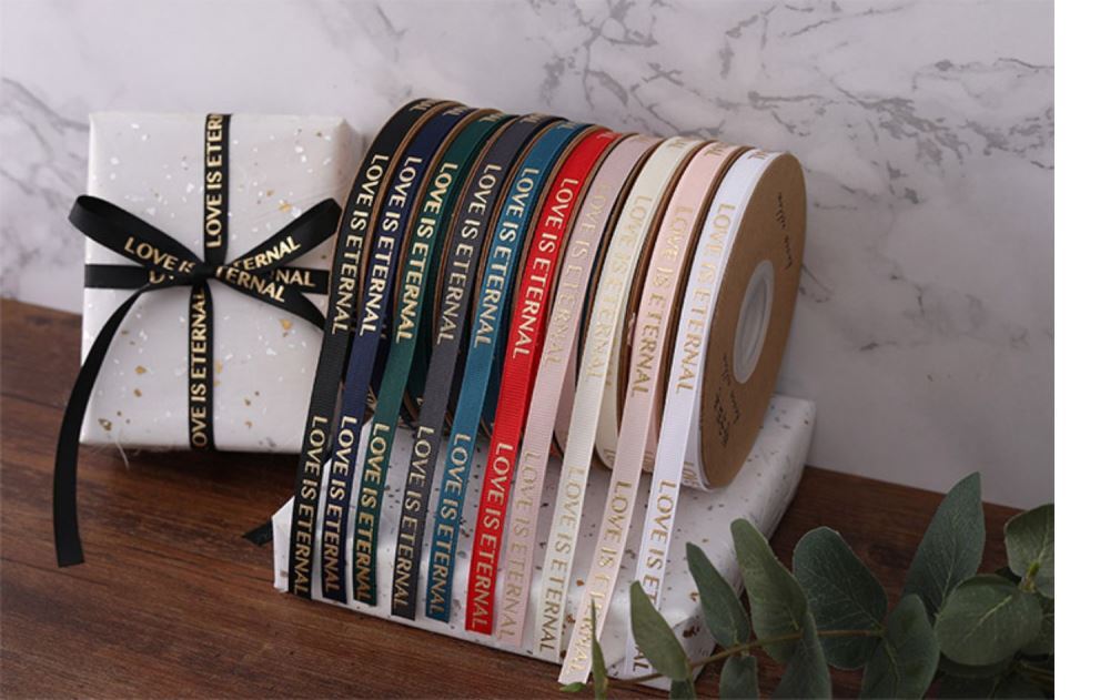 SB-Ribbon,Fresh Flower Packaging Ribbon,Floral Art Foil-Stamped Twill Ribbon,Love Is Eternal Letter Floral Bouquet Ribbon