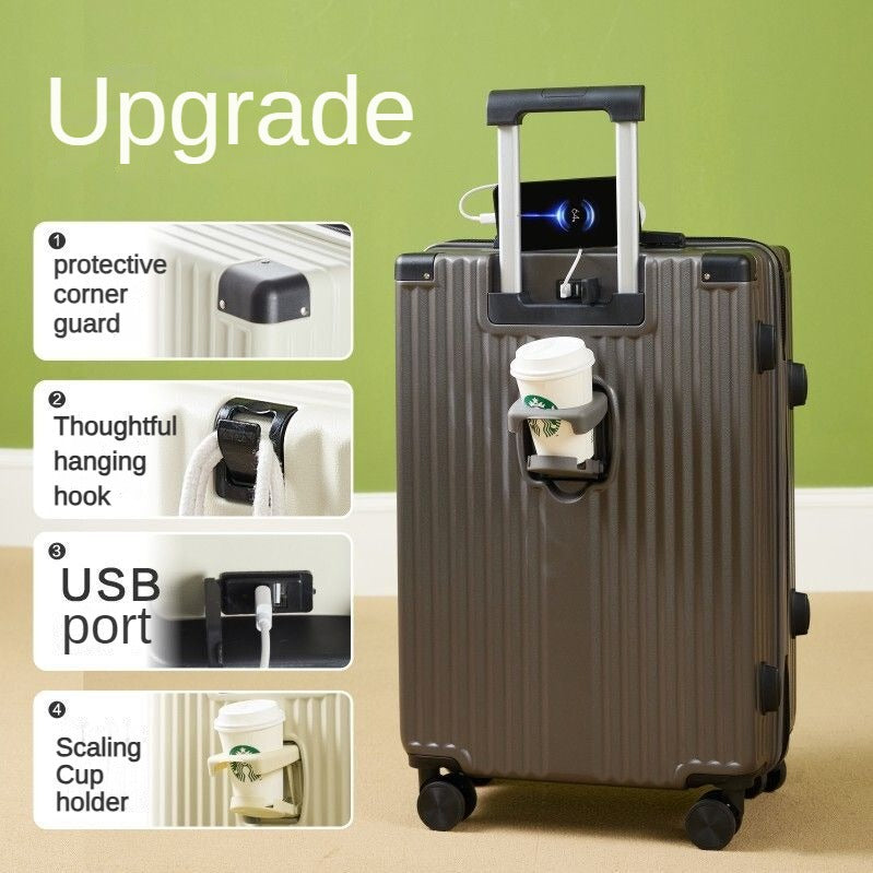 20/24/26-inch travel boarding case, functional trolley suitcase, with password lock, with USB charging port, with a separate water bottle holder, with a hanging hook.