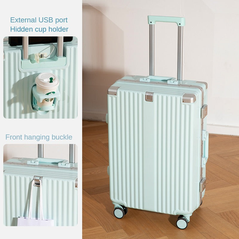 20/24/26-inch travel boarding case, functional trolley suitcase, with password lock, with USB charging port, with a separate water bottle holder, with a hanging hook.