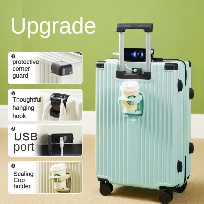20/24/26-inch travel boarding case, functional trolley suitcase, with password lock, with USB charging port, with a separate water bottle holder, with a hanging hook.
