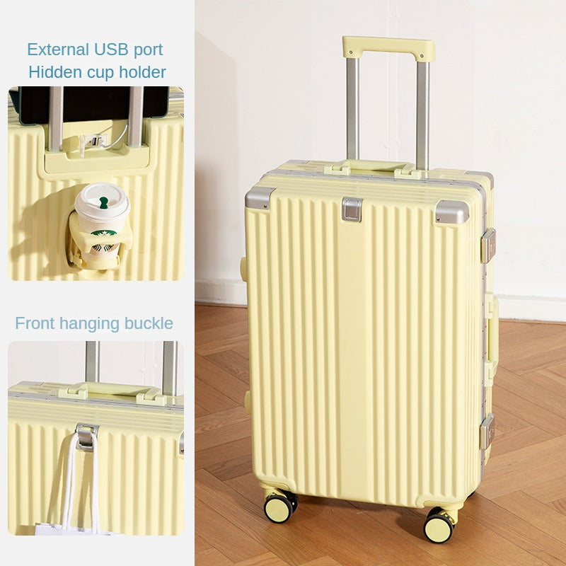 20/24/26-inch travel boarding case, functional trolley suitcase, with password lock, with USB charging port, with a separate water bottle holder, with a hanging hook.