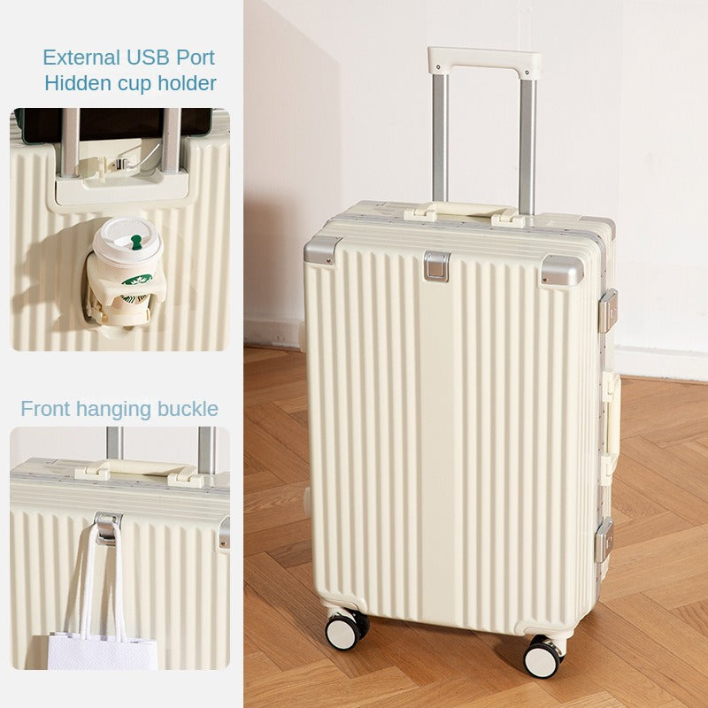 20/24/26-inch travel boarding case, functional trolley suitcase, with password lock, with USB charging port, with a separate water bottle holder, with a hanging hook.