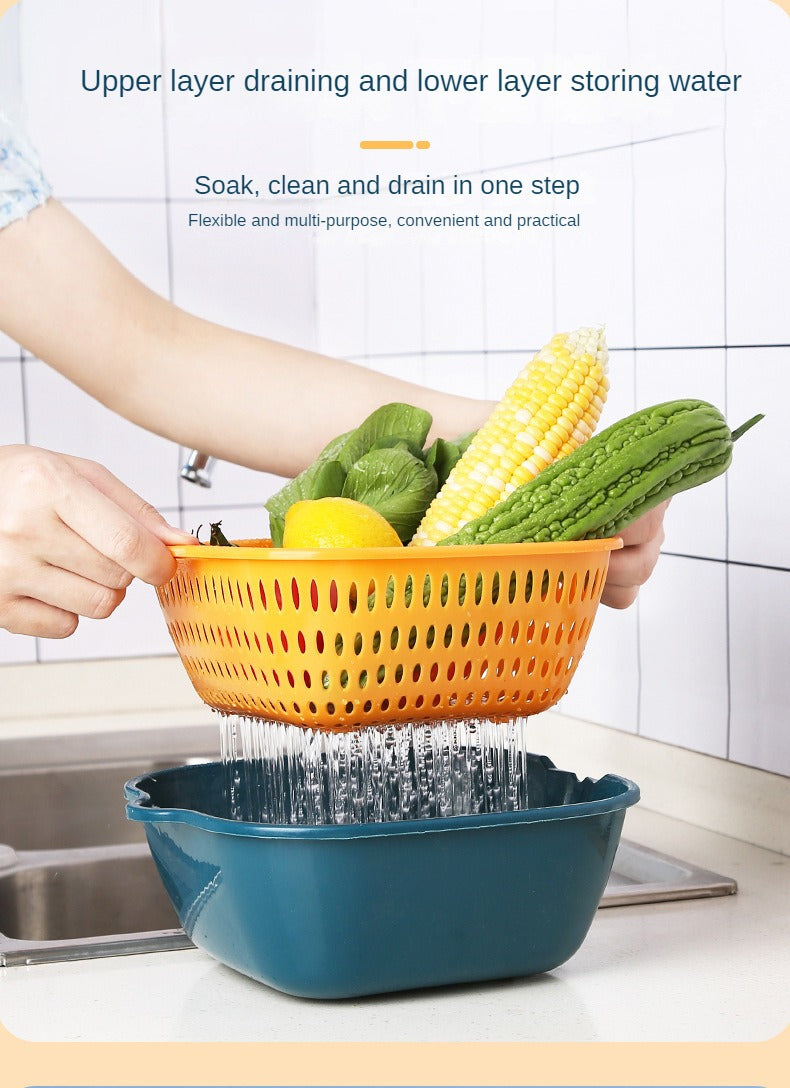 Home Kitchen Multifunctional Plastic Square Vegetable Wash Basket Double Drainer Basket Six-piece set