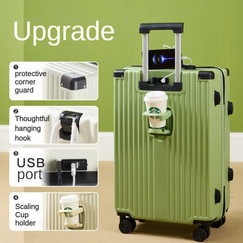 20/24/26-inch travel boarding case, functional trolley suitcase, with password lock, with USB charging port, with a separate water bottle holder, with a hanging hook.