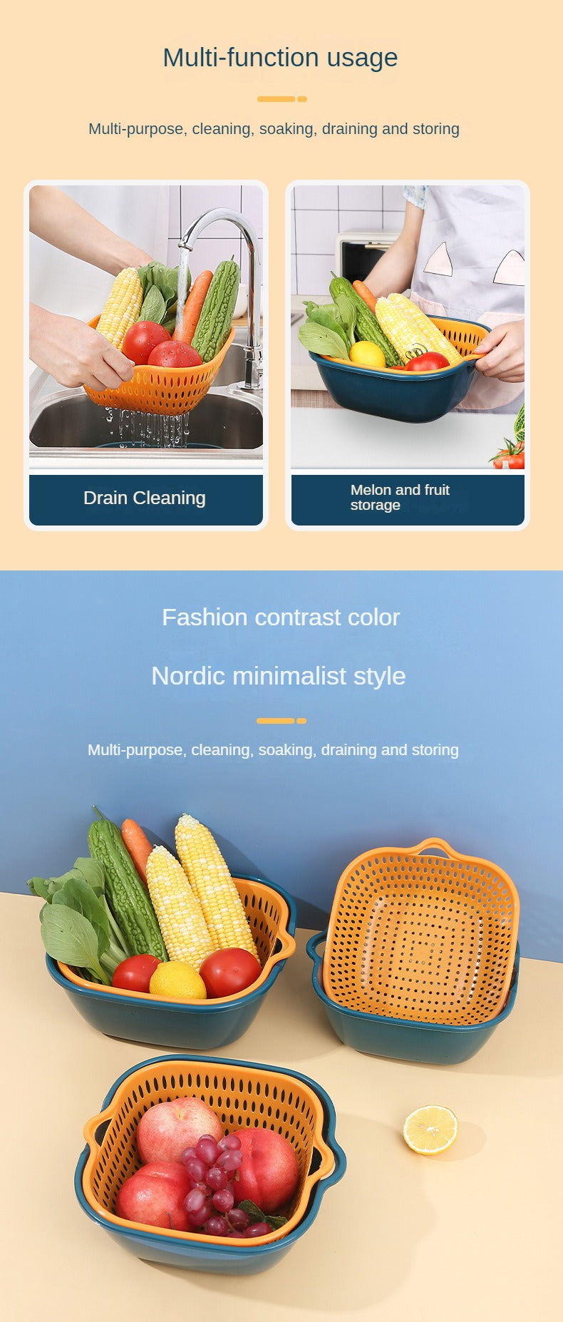 Home Kitchen Multifunctional Plastic Square Vegetable Wash Basket Double Drainer Basket Six-piece set