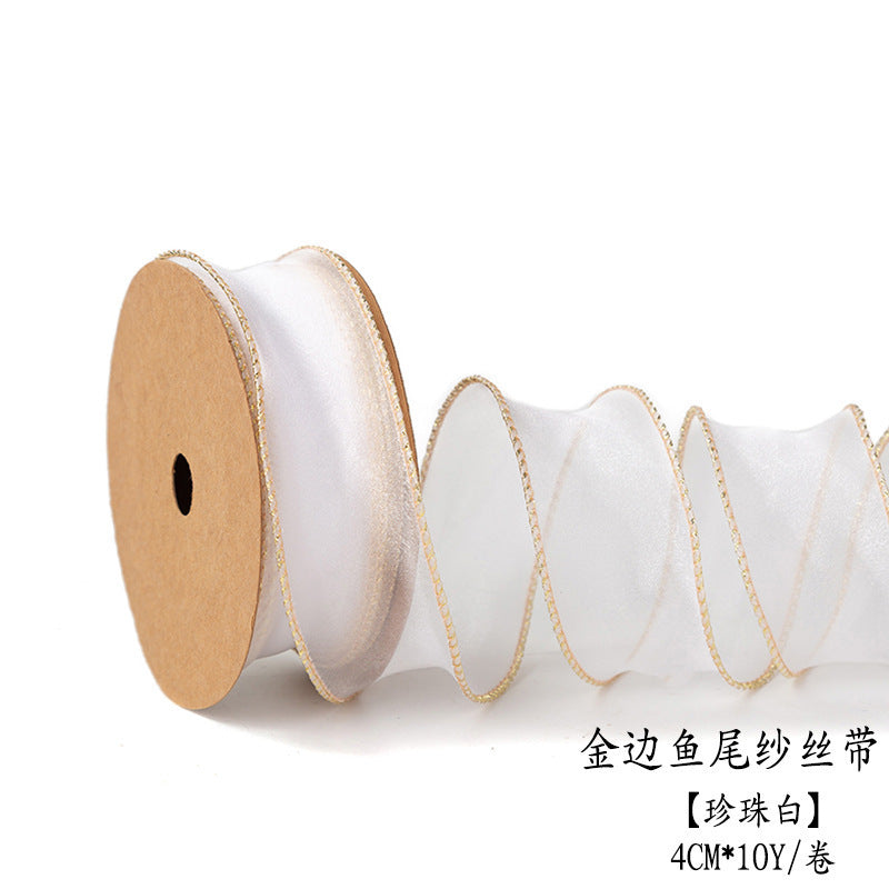 SJ-Gold Edging,Fish Tail Organza Ribbon,Polyester Organza Floral Ribbon,Cake Box Gift Box Bow,Packaging Woven Ribbon,Ribbon