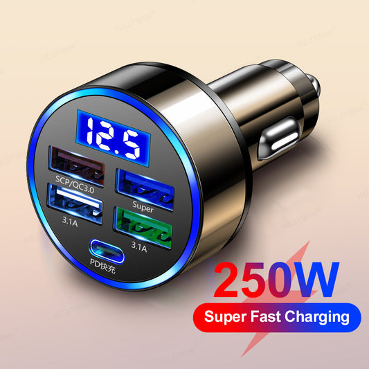 5 in. 1 multi port with digital display for car charging, supporting ultra fast charging