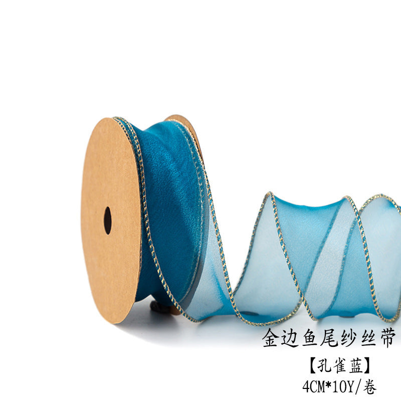 SJ-Gold Edging,Fish Tail Organza Ribbon,Polyester Organza Floral Ribbon,Cake Box Gift Box Bow,Packaging Woven Ribbon,Ribbon
