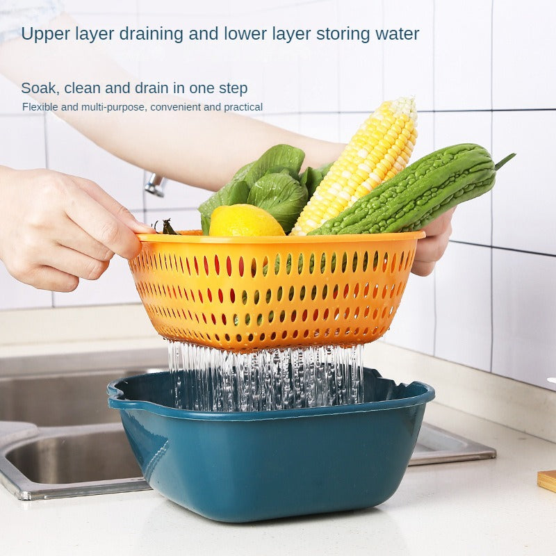 Home Kitchen Multifunctional Plastic Square Vegetable Wash Basket Double Drainer Basket Six-piece set