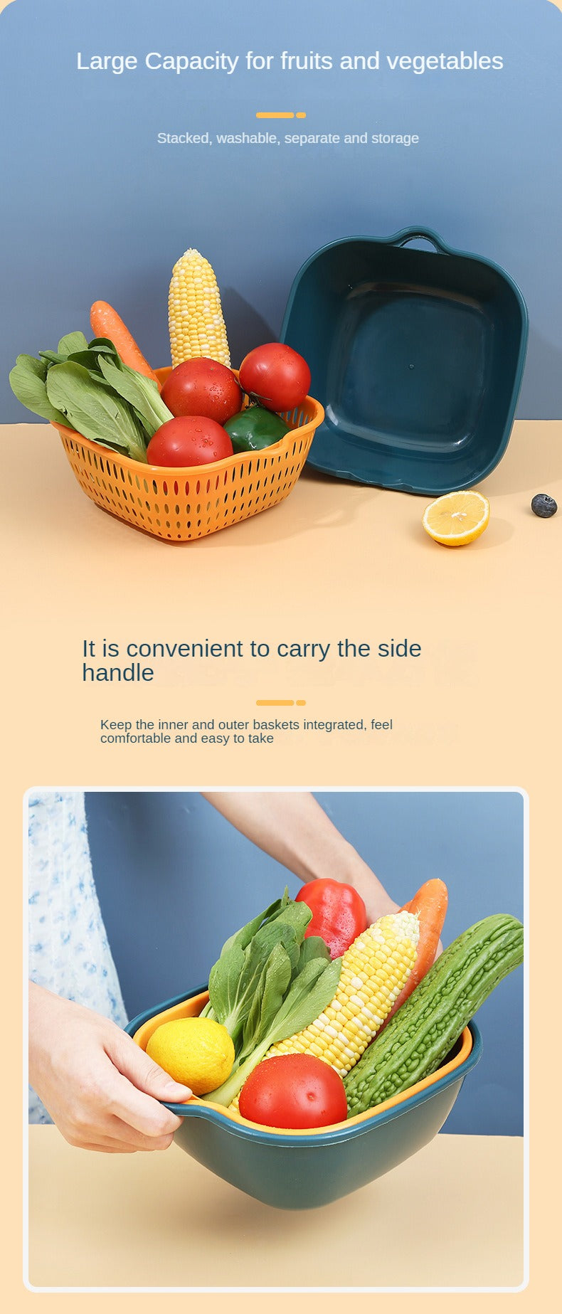 Home Kitchen Multifunctional Plastic Square Vegetable Wash Basket Double Drainer Basket Six-piece set