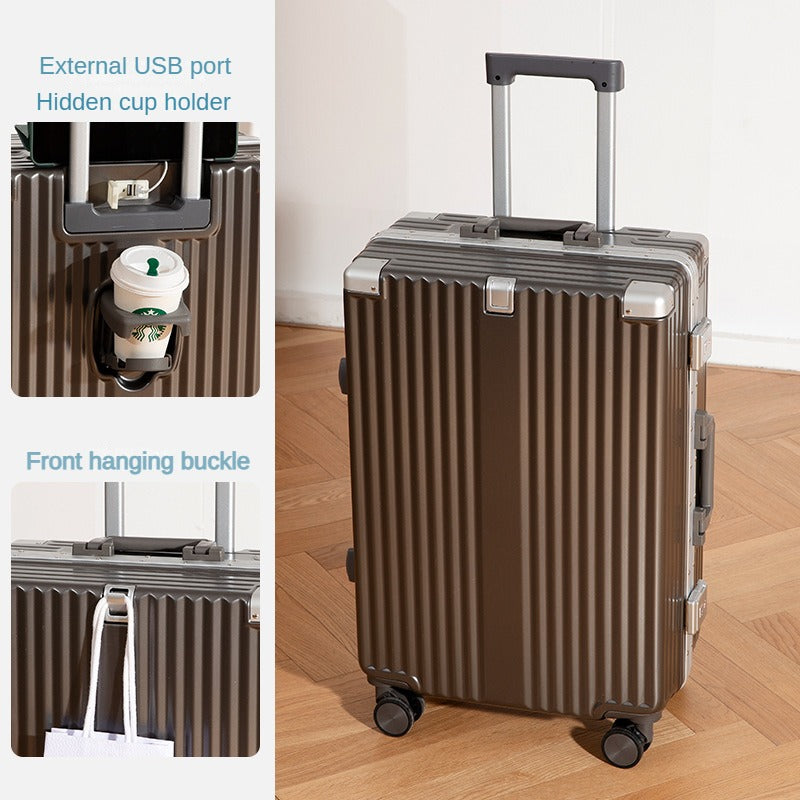 20/24/26-inch travel boarding case, functional trolley suitcase, with password lock, with USB charging port, with a separate water bottle holder, with a hanging hook.