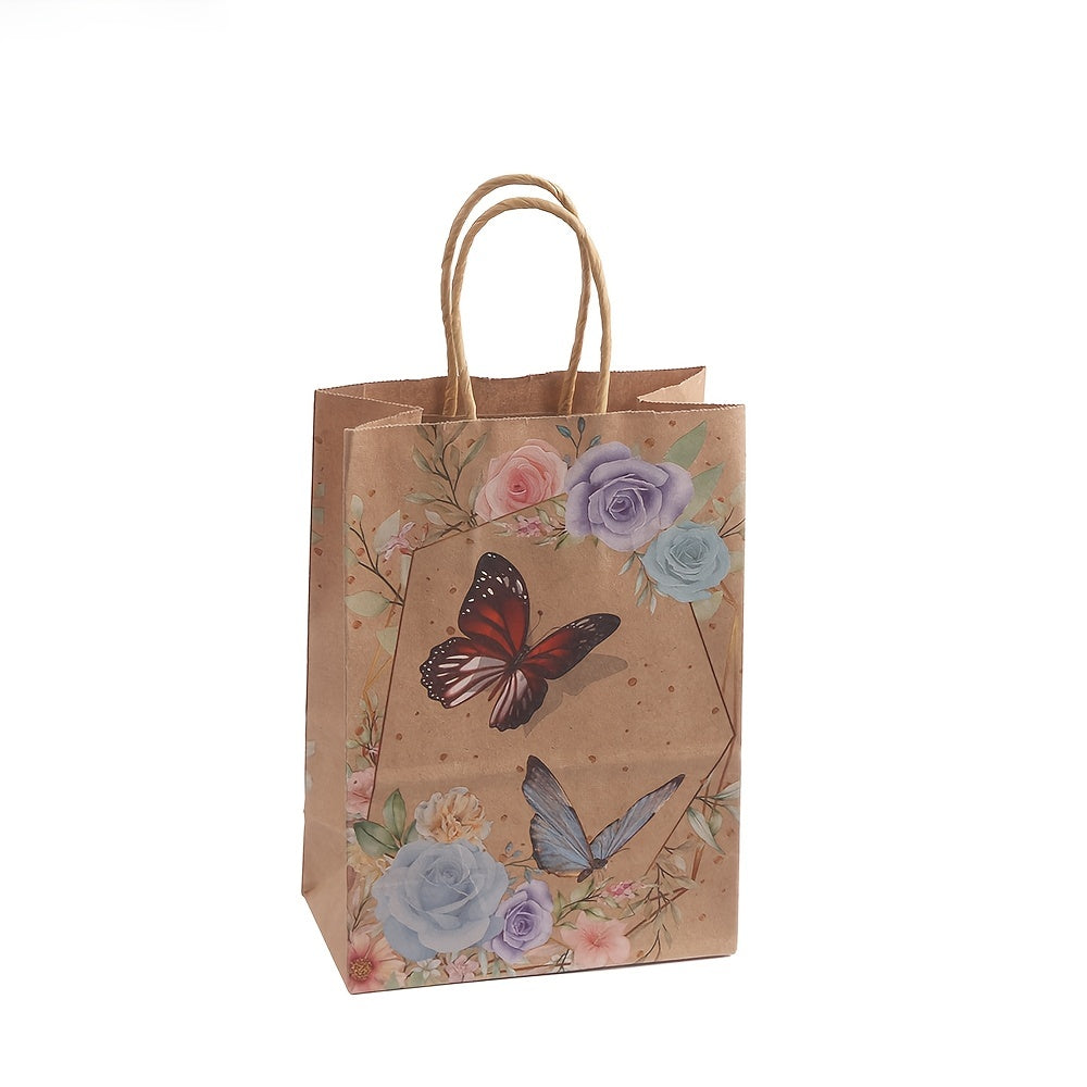 8/16pcs, Kraft Paper Party Packaging Bag, Butterfly Printing Handbag, Shopping Bag, Kraft Paper Bag, Birthday Gift, Party Gift, Candy And Biscuit Packaging, Hand-held Paper Bag, Small Snack Packaging Bag, Small Business Supplies