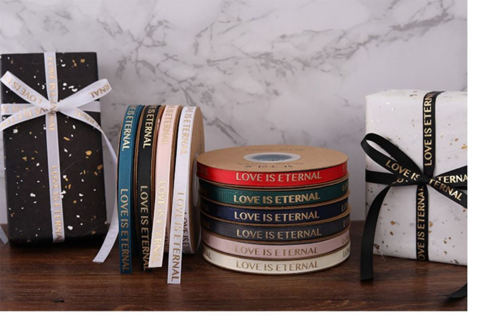 SB-Ribbon,Fresh Flower Packaging Ribbon,Floral Art Foil-Stamped Twill Ribbon,Love Is Eternal Letter Floral Bouquet Ribbon