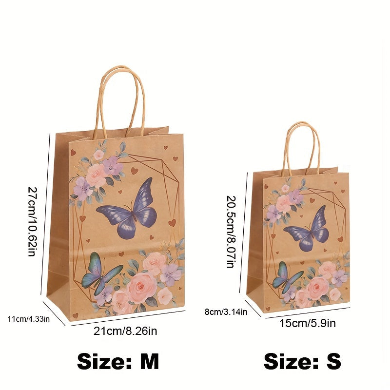 8/16pcs, Kraft Paper Party Packaging Bag, Butterfly Printing Handbag, Shopping Bag, Kraft Paper Bag, Birthday Gift, Party Gift, Candy And Biscuit Packaging, Hand-held Paper Bag, Small Snack Packaging Bag, Small Business Supplies