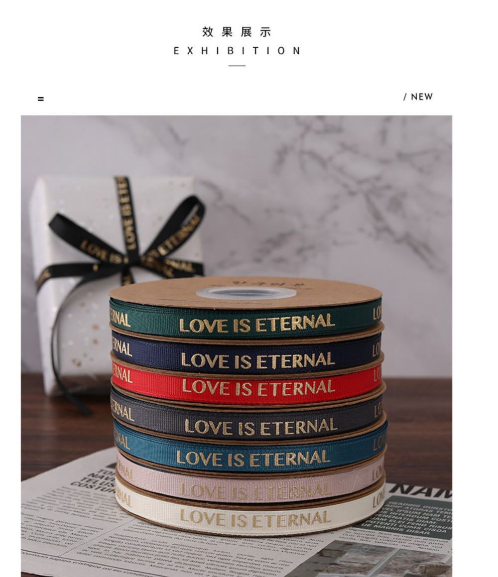 SB-Ribbon,Fresh Flower Packaging Ribbon,Floral Art Foil-Stamped Twill Ribbon,Love Is Eternal Letter Floral Bouquet Ribbon