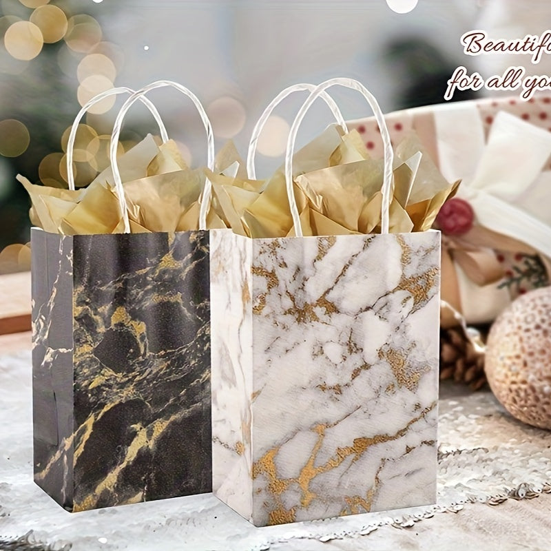 50pcs, Marble Pattern Kraft Paper Tote Bags, 25 White Golden And 25 Black Golden, Small Business Supplies, Shopping Bag, Party Bag, Party Gift Bag, Craft Tote Bag, Party Favors, Birthday Decor, Party Gift Decor, Wedding Decor, Party Supplies