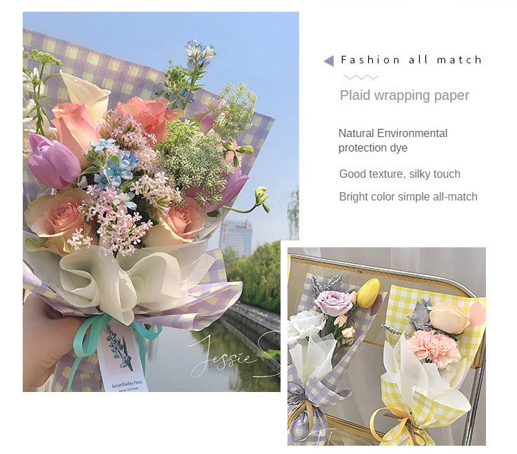 Fresh Flower Bouquet Wrapping Paper,Waterproof Elegance Paper,Checkered Summer Plaid Floral Packaging Material,Flower Shop Bouquet Gift Paper