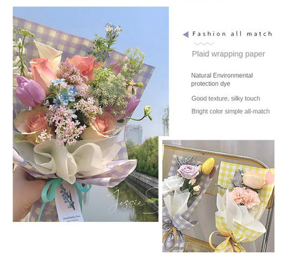 Fresh Flower Bouquet Wrapping Paper,Waterproof Elegance Paper,Checkered Summer Plaid Floral Packaging Material,Flower Shop Bouquet Gift Paper