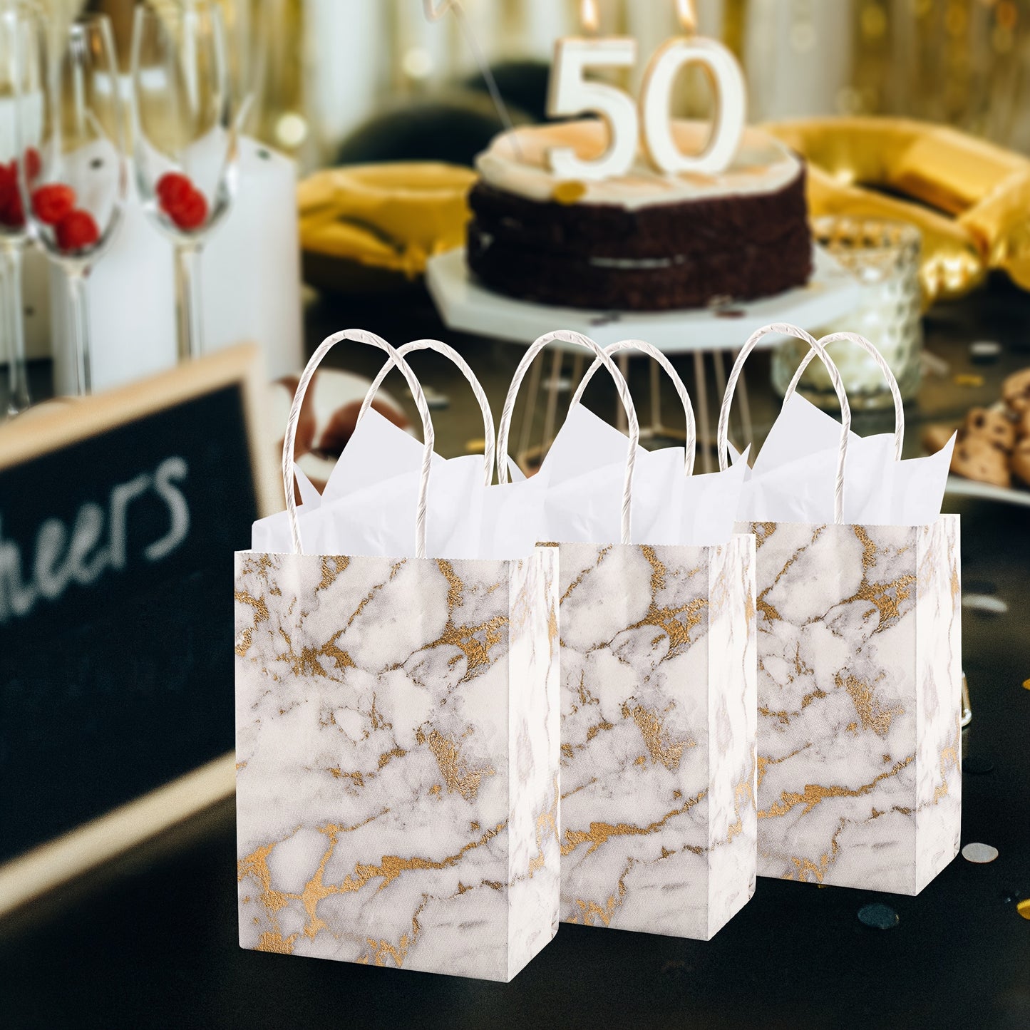 50pcs, Marble Pattern Kraft Paper Tote Bags, 25 White Golden And 25 Black Golden, Small Business Supplies, Shopping Bag, Party Bag, Party Gift Bag, Craft Tote Bag, Party Favors, Birthday Decor, Party Gift Decor, Wedding Decor, Party Supplies