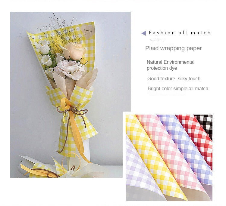 Fresh Flower Bouquet Wrapping Paper,Waterproof Elegance Paper,Checkered Summer Plaid Floral Packaging Material,Flower Shop Bouquet Gift Paper
