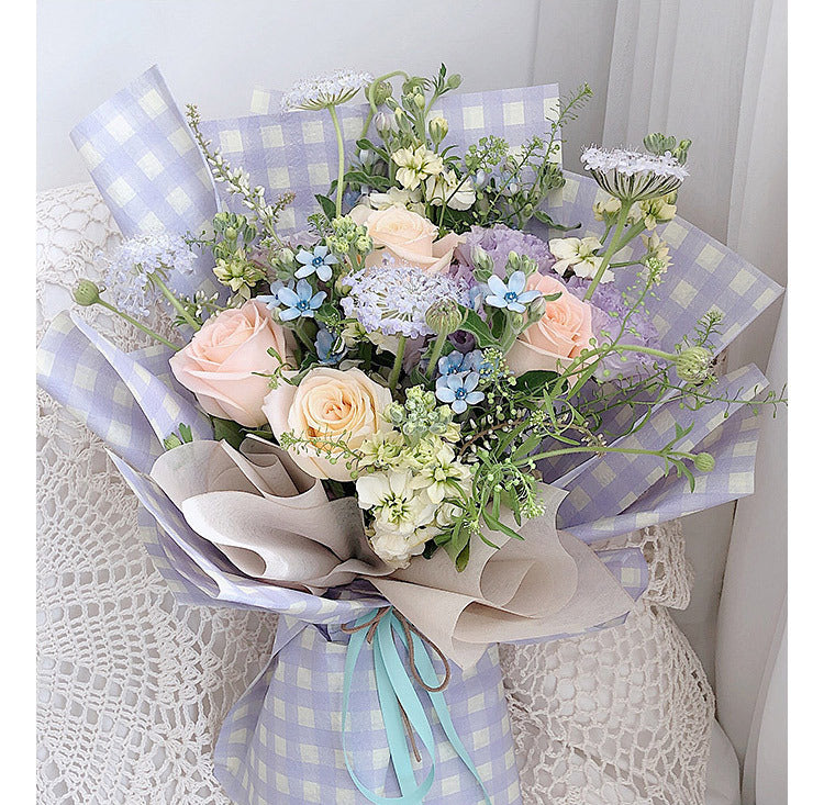 Fresh Flower Bouquet Wrapping Paper,Waterproof Elegance Paper,Checkered Summer Plaid Floral Packaging Material,Flower Shop Bouquet Gift Paper