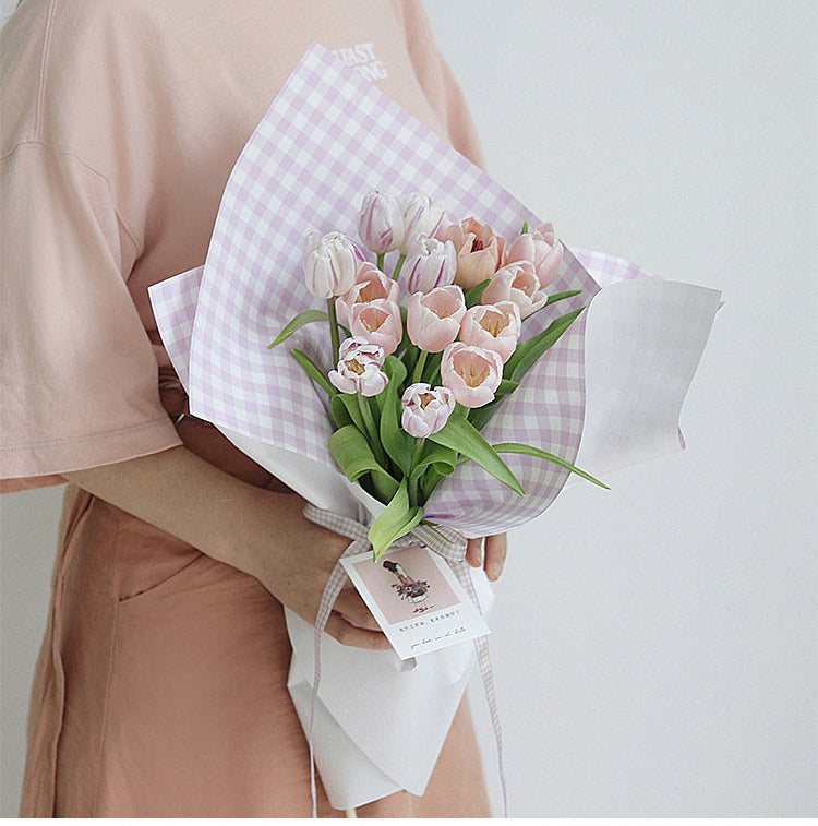 Fresh Flower Bouquet Wrapping Paper,Waterproof Elegance Paper,Checkered Summer Plaid Floral Packaging Material,Flower Shop Bouquet Gift Paper