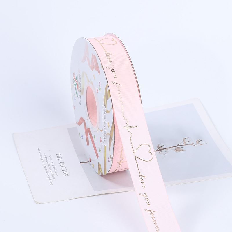 SH-2.5 cm woven ribbon, fresh flower packaging ribbon, floral art hot-stamped spiral pattern satin ribbon, English alphabet bouquet cake gift ribbon.