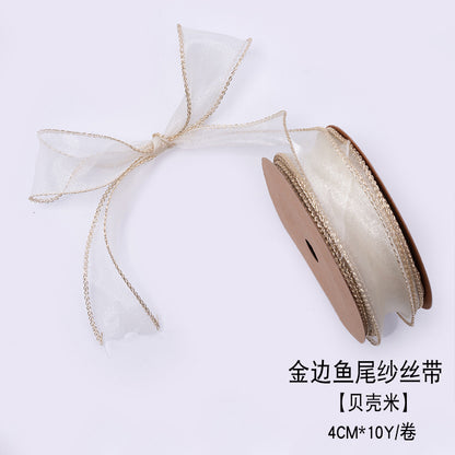SJ-Gold Edging,Fish Tail Organza Ribbon,Polyester Organza Floral Ribbon,Cake Box Gift Box Bow,Packaging Woven Ribbon,Ribbon