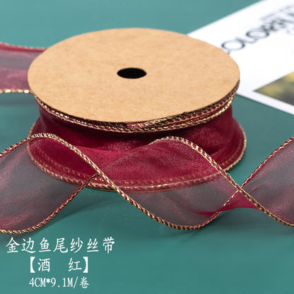 SJ-Gold Edging,Fish Tail Organza Ribbon,Polyester Organza Floral Ribbon,Cake Box Gift Box Bow,Packaging Woven Ribbon,Ribbon