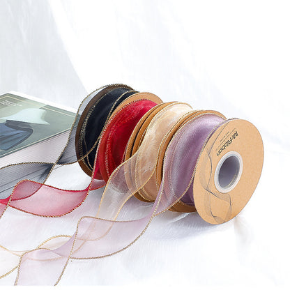 SJ-Gold Edging,Fish Tail Organza Ribbon,Polyester Organza Floral Ribbon,Cake Box Gift Box Bow,Packaging Woven Ribbon,Ribbon