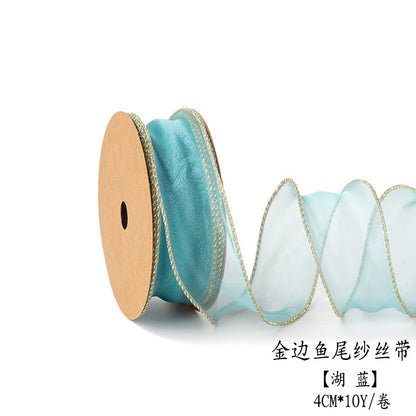 SJ-Gold Edging,Fish Tail Organza Ribbon,Polyester Organza Floral Ribbon,Cake Box Gift Box Bow,Packaging Woven Ribbon,Ribbon