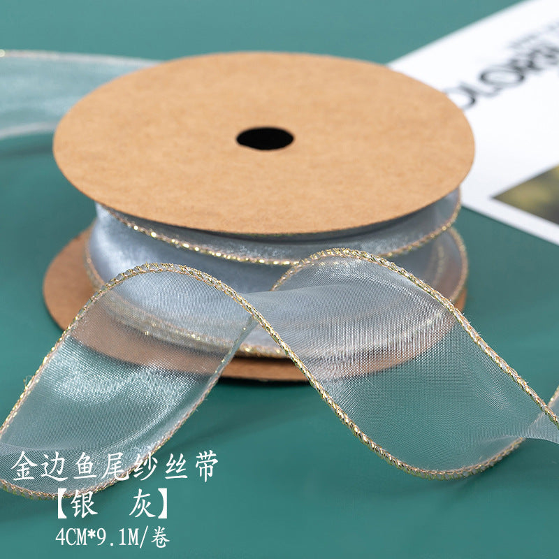 SJ-Gold Edging,Fish Tail Organza Ribbon,Polyester Organza Floral Ribbon,Cake Box Gift Box Bow,Packaging Woven Ribbon,Ribbon
