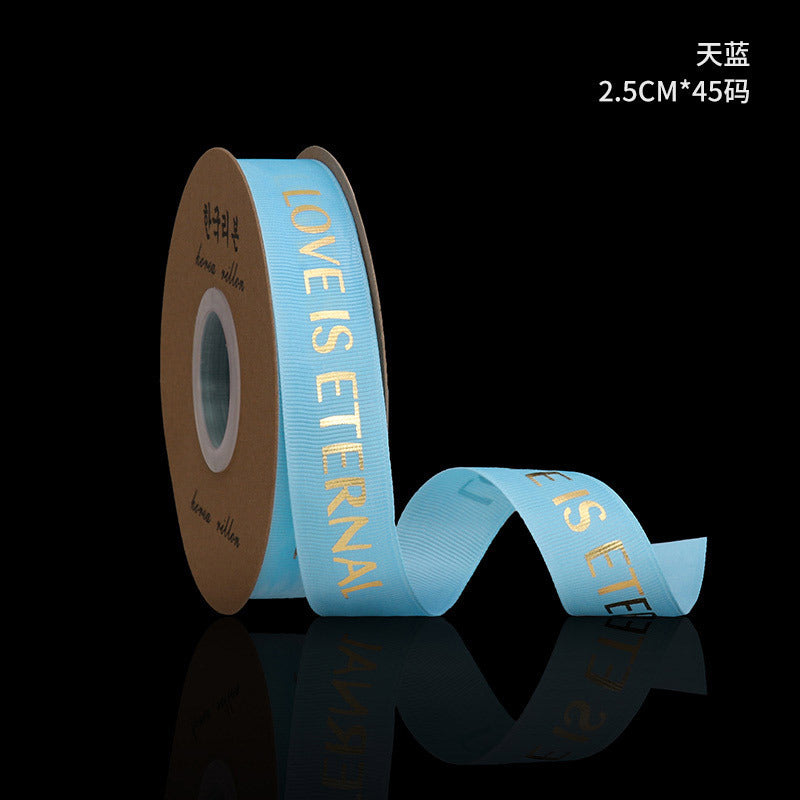 SH-2.5 cm woven ribbon, fresh flower packaging ribbon, floral art hot-stamped spiral pattern satin ribbon, English alphabet bouquet cake gift ribbon.