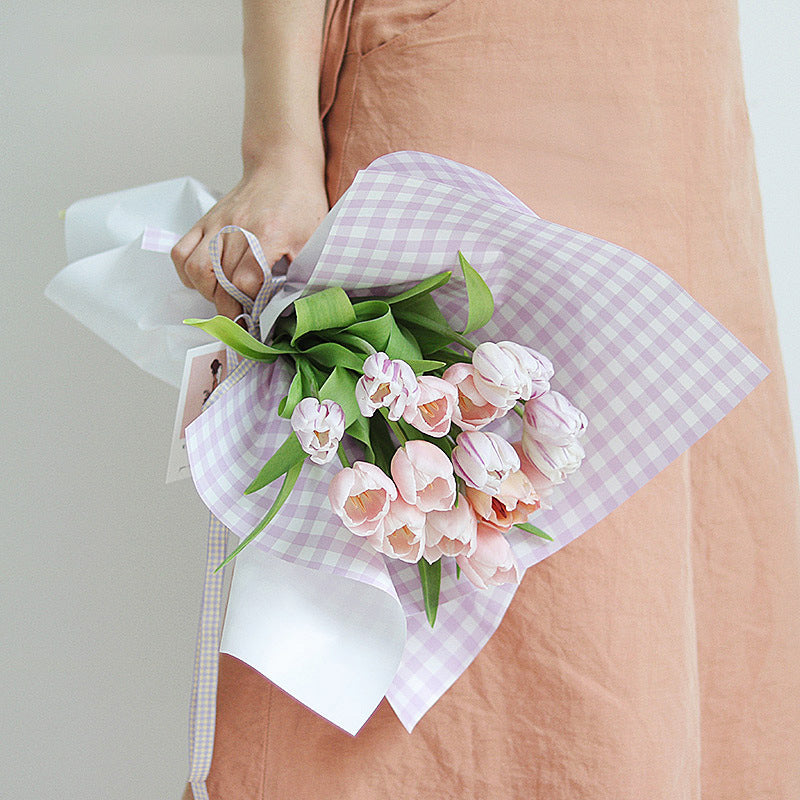 Fresh Flower Bouquet Wrapping Paper,Waterproof Elegance Paper,Checkered Summer Plaid Floral Packaging Material,Flower Shop Bouquet Gift Paper