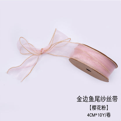 SJ-Gold Edging,Fish Tail Organza Ribbon,Polyester Organza Floral Ribbon,Cake Box Gift Box Bow,Packaging Woven Ribbon,Ribbon