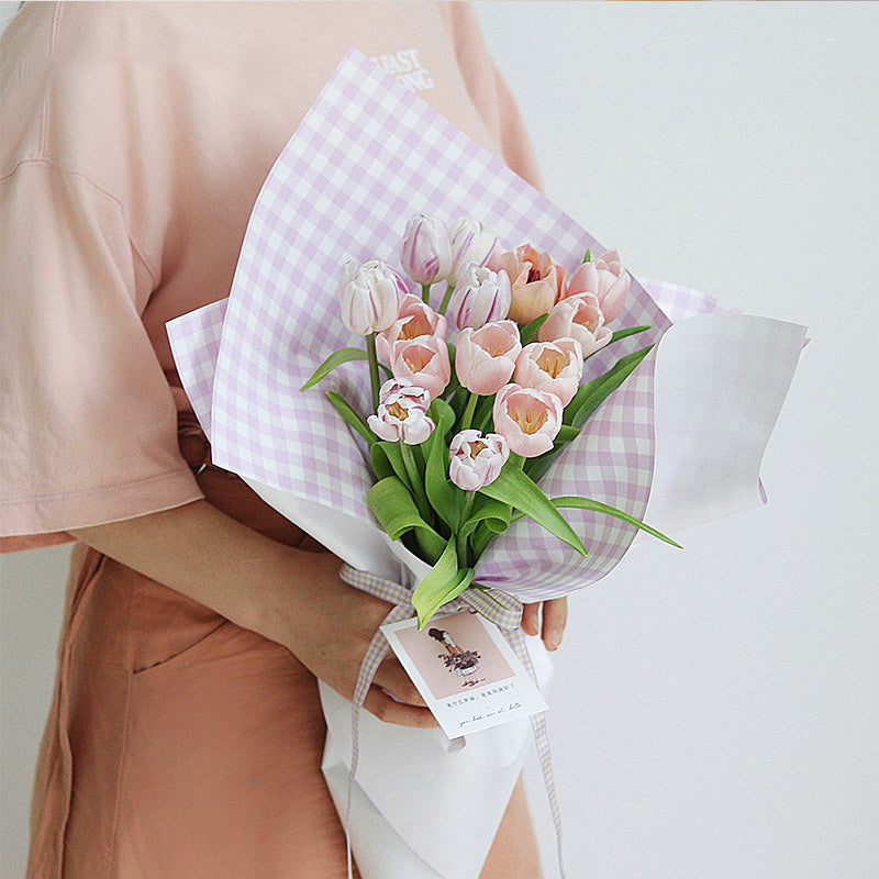 Fresh Flower Bouquet Wrapping Paper,Waterproof Elegance Paper,Checkered Summer Plaid Floral Packaging Material,Flower Shop Bouquet Gift Paper