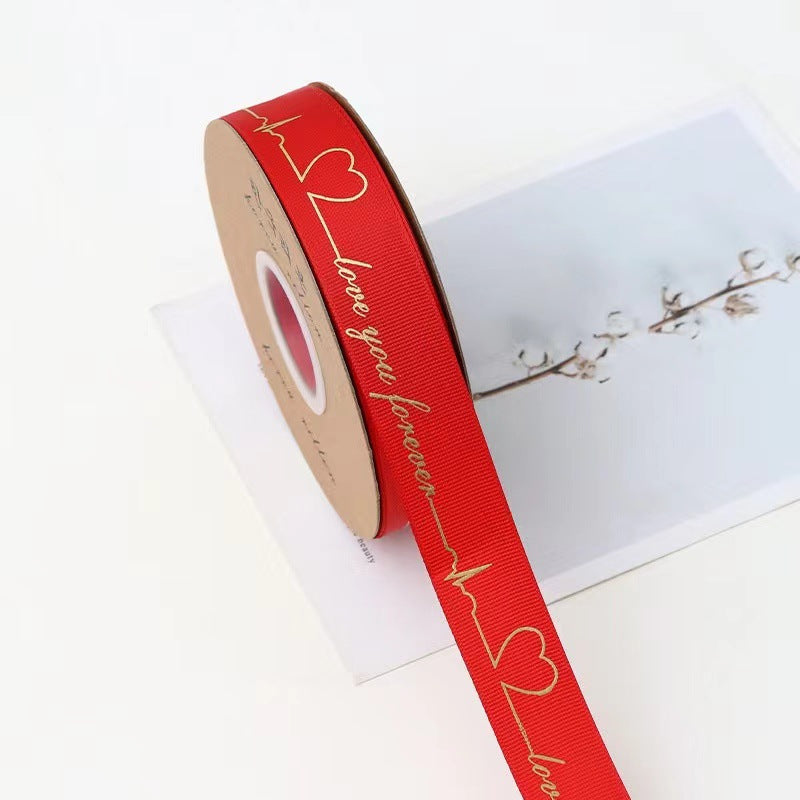 SH-2.5 cm woven ribbon, fresh flower packaging ribbon, floral art hot-stamped spiral pattern satin ribbon, English alphabet bouquet cake gift ribbon.
