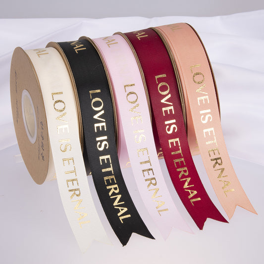 SB-Ribbon,Fresh Flower Packaging Ribbon,Floral Art Foil-Stamped Twill Ribbon,Love Is Eternal Letter Floral Bouquet Ribbon